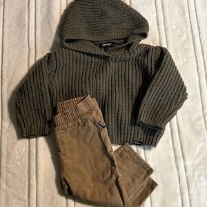 DKNY olive green sweater and Brown Pants Set. Size 12m